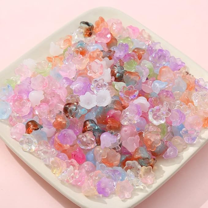 LadayPoa 350pcs Glass Bellflower Beads for Jewelry Making Trumpet Flower Beads Gradient Clear Cute Bead for Bracelets Making Aesthetic Bead Charms for DIY Necklace Decoration-Mixed Colors