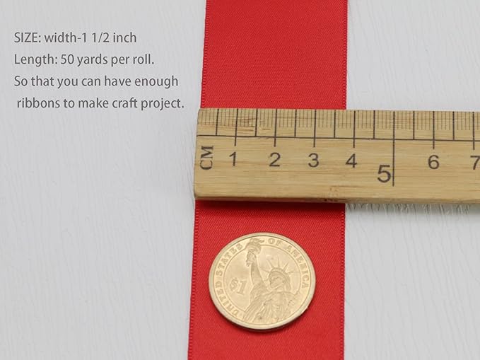 Red Double Faced Satin Ribbons 1-1/2 inch Flower Boutique Gift Wrapping Ribbon 1.5inch 50yards Fabric Silk Bow Ribbon for Valentine's Day & Mother's Day DIY Crafts Hair Headband-Sewing-Binding-Bow