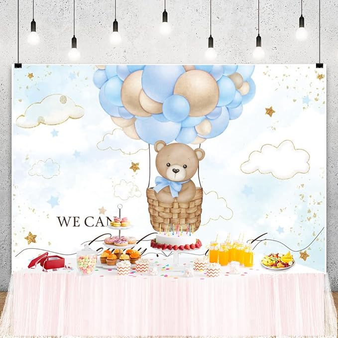 ChloropLastid We Can Bearly Wait Baby Backdrop Boy Bear Hot Air Balloon Baby Shower Photography Background Blue Balloons Clouds Stars Baby Party Cake Photo Decoration 10x8ft