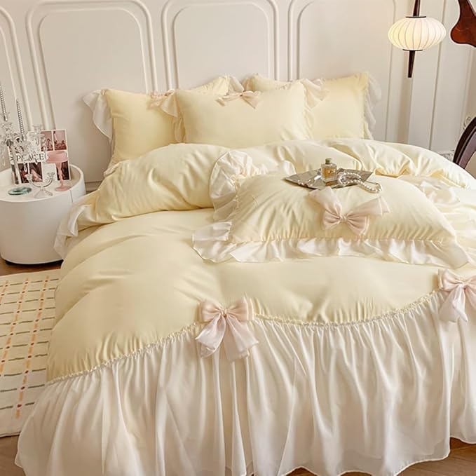 Chic Lace Bedding,Girls Twin Aesthetic Comforter Cover Set,Romantic French Princess Style Ruffled Duvet Cover with Lovely Bow with Zipper Closure-Yellow,Twin Size