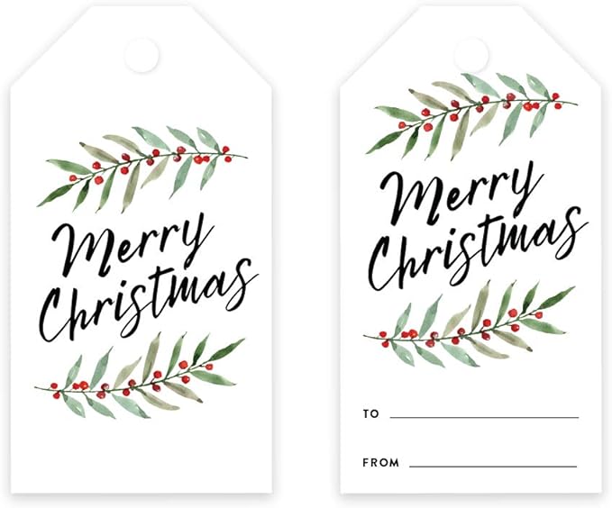 Andaz Press Christmas Holiday Season Classic Gift Tags, Merry Christmas to from Classic Favor Tags, Watercolor Holly Leaves Design, for Holiday Events, Parties, and Favors, 60-Pack