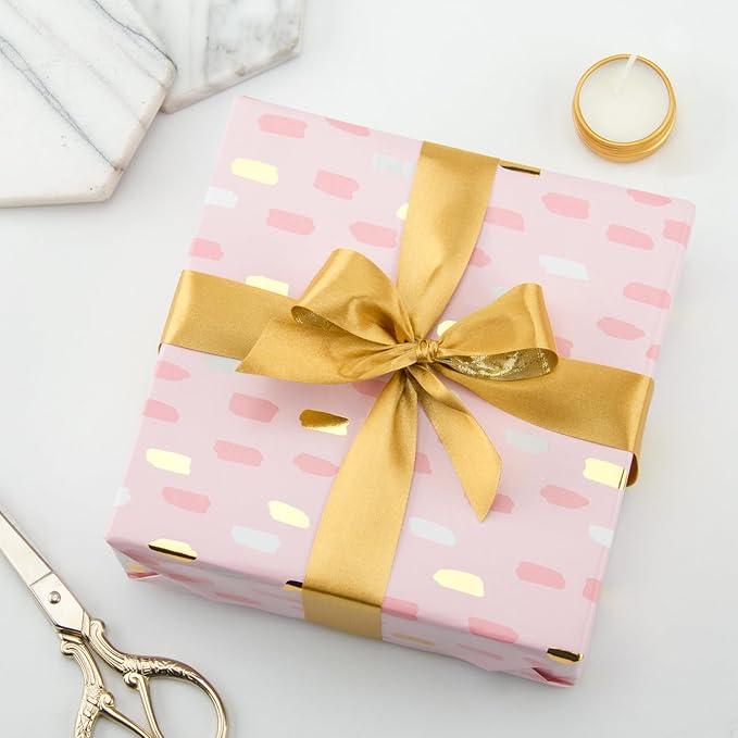 WRAPAHOLIC Baby Girl Wrapping Paper Sheet - 12 Sheets Foil Pink Brushstroke Design Folded Flat for Girls Birthday, Baby Showers - 19.7 Inch X 30 Inch Per Sheet