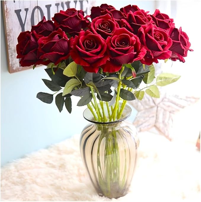 Jasion 50PCS Artificial Roses 4.14'' Realistic Velvet Large Flowers Long Stem Faux Flowers Bouquet for Wedding Home Party Table Centerpieces Decorations (Red)