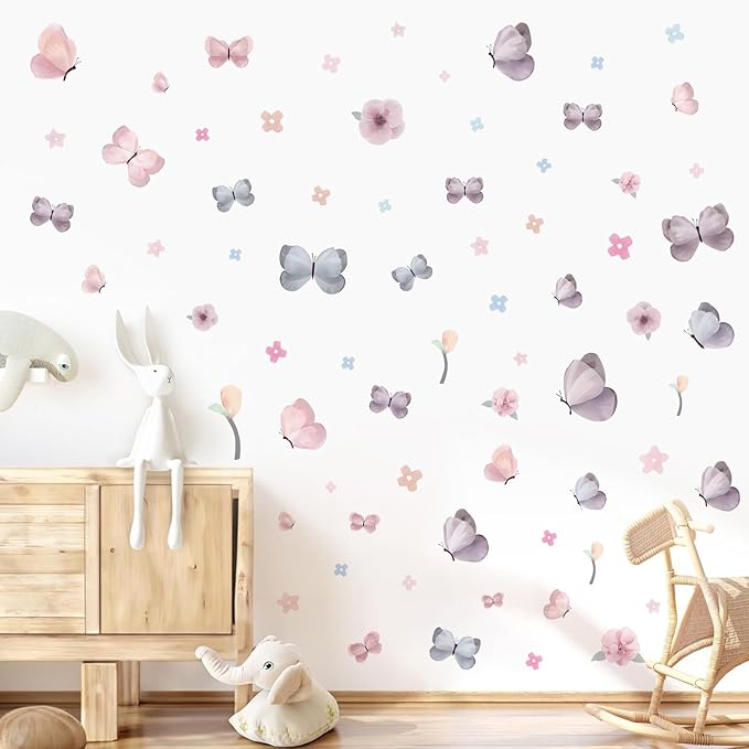 Watercolor Butterfly and Flower Wall Decals Peel and Stick - 70 PCS Flower Butterfly Wall Decor for Girls Room, Nursery, Kids Bedroom, Home Art Decals