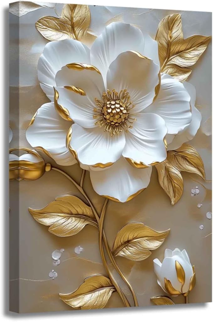 ZSHARTSWD Abstract White & Gold Floral Canvas Wall Art Elegant Flowers Pictures Prints White Flower Golden Leaves Painting Living Room Bathroom Decor Framed (Beige, 42L x 28W)