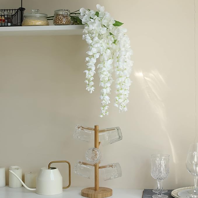 Dailisen 3 Strands 40'' Silk White Wisteria Artificial Flowers, Fake Wisteria Floral Hanging Plant Garland, for Home Decor, Party, Floor Vase, Balcony, Wedding Arrangement Decoration (White)