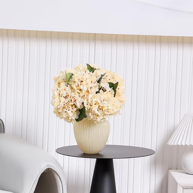 Kimura's Cabin 4 pcs Cream Fake Hydrangea Flowers Artificiales Bouquets Faux Silk Hydrangea with Stems for Home Wedding Party Table Core Decoration (Beige)