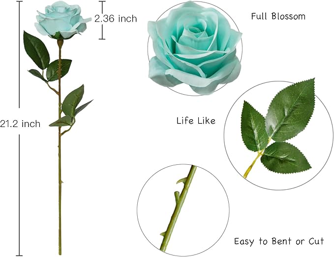 DuHouse 10pcs Fake Roses Artificial Silk Flowers Faux Rose Flower Long Stems Bouquet for Arrangement Wedding Centerpiece Party Home Kitchen Decor(Teal Blue)