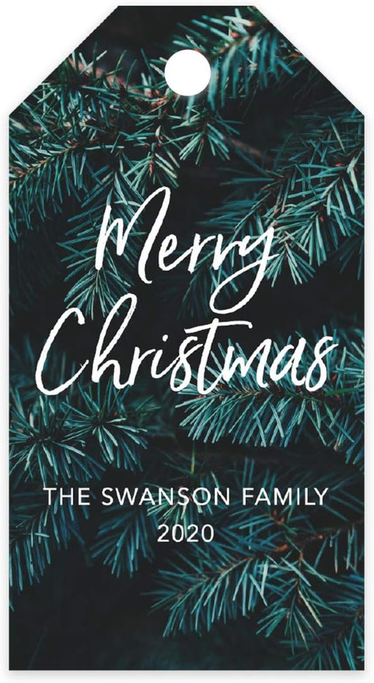 Andaz Press Personalized Christmas Holiday Season Classic Gift Tags, Merry Christmas Custom Family Name and Year, Christmas Tree Branch Design, for Holiday Events, Parties, and Favors, 60-Pack