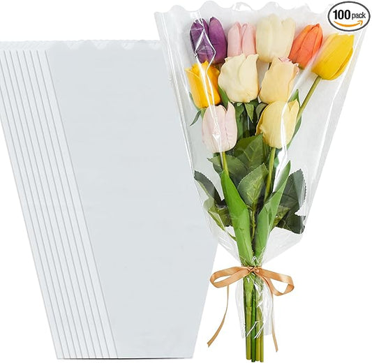 BEISHIDA 100 PCS Clear Flower Bouquet Bags Cellophane Flower Sleeves Plastic Wrapping Bags for Florist Bouquet Supplies Mother's Day Valentine's Day (Transparent,18 x 12 inch)