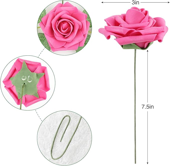 AmyHomie 25pcs Real Looking Artificial Hot Pink Roses w/Stem for DIY Wedding Bouquets Centerpieces Arrangements Party Baby Shower Valentines Day Christmas Tree Decorations