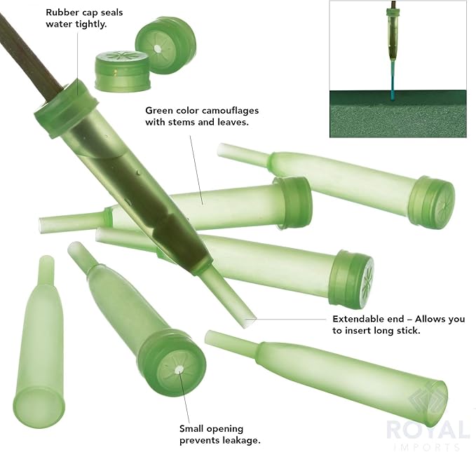Royal Imports Floral Water Tubes with Caps – 4" Green Plastic Flower Vials for Single Stem Roses, Buds, Bouquets – Extendable Style, 1/2" Opening – 100 Pack