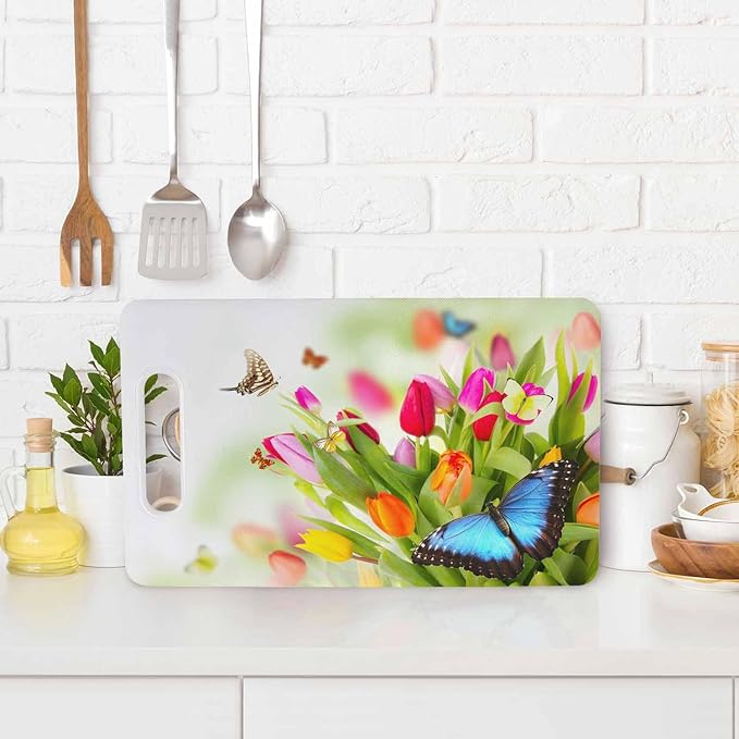 Tulips Bouquet Cutting Board with Handles Beautiful Butterflies Colorful Cutting Boards Plastic Safe Chopping Board for Kitchen 16" x 10" x 0.24"