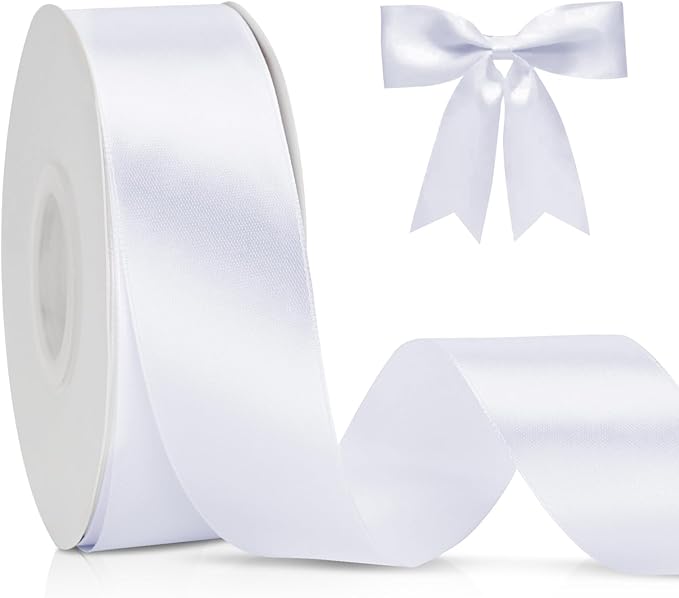 KINGLAKE White Satin Ribbon 1 1/2 inch x 50 Yards - Polyester Silk Hair Ribbons, Fabric Thick White Ribbon for Floral Bouquets, Craft Bow, Gift Wrapping, Wedding, Valentines Day, Baby Shower