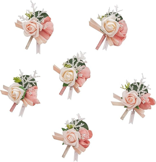 TINGE TIME Boutonniere for Men Wedding,Groom and Best Man Boutonniere for Wedding Ceremony Anniversary, Formal Dinner Party and Rustic Spring Wedding Marriage (6, Champange&Pink)