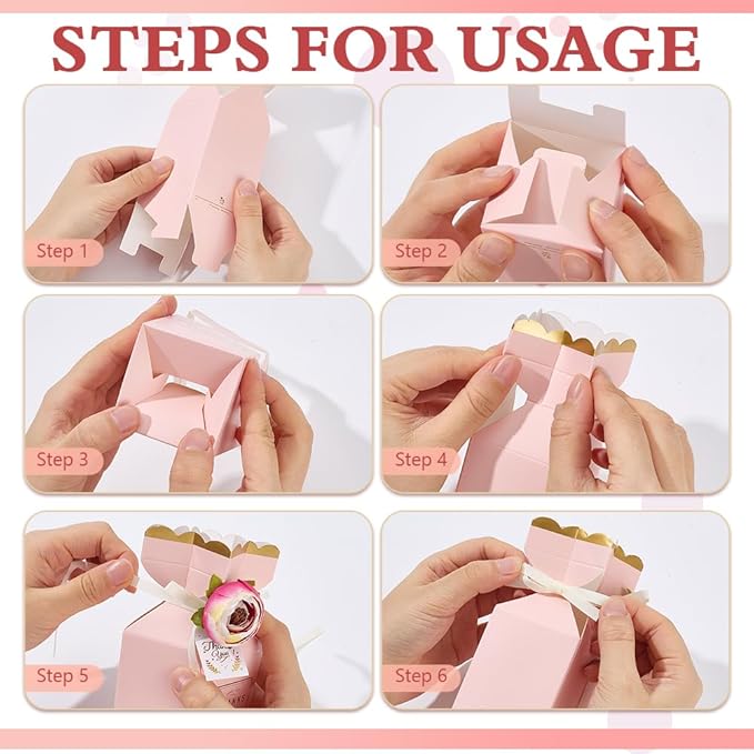 MAYJOYDIY 12 Pack 3D Flower Candy Boxes with Ribbons 2.24x2.24x5.51 Inch Pink Gift Favor Boxes Paper Candy Storage Containers for Wedding Shower Anniversary Birthday Party Celebration