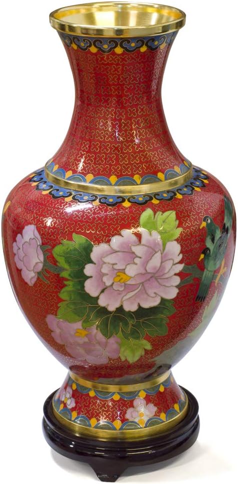 China Furniture Online Red Floral Motif Oriental Cloisonne Vase with Stand