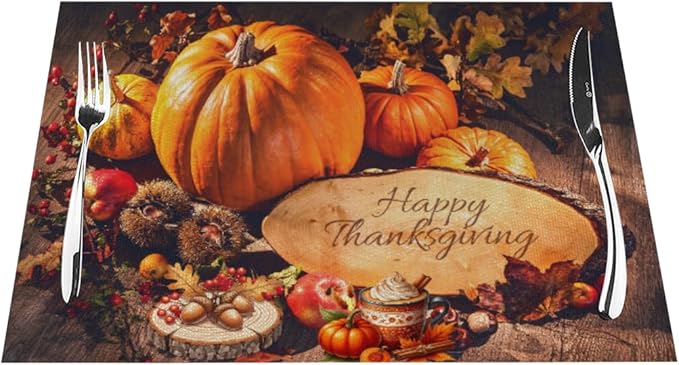 PVC Placemats Set of 4 Wipeable Table Mats Washable Heat Resistant Non Slip Vinyl Dining Table Mat for Kitchen Indoor Outdoor Patio Farmhouse Place Mats Thanksgiving Pumpkin Decorate Decorative