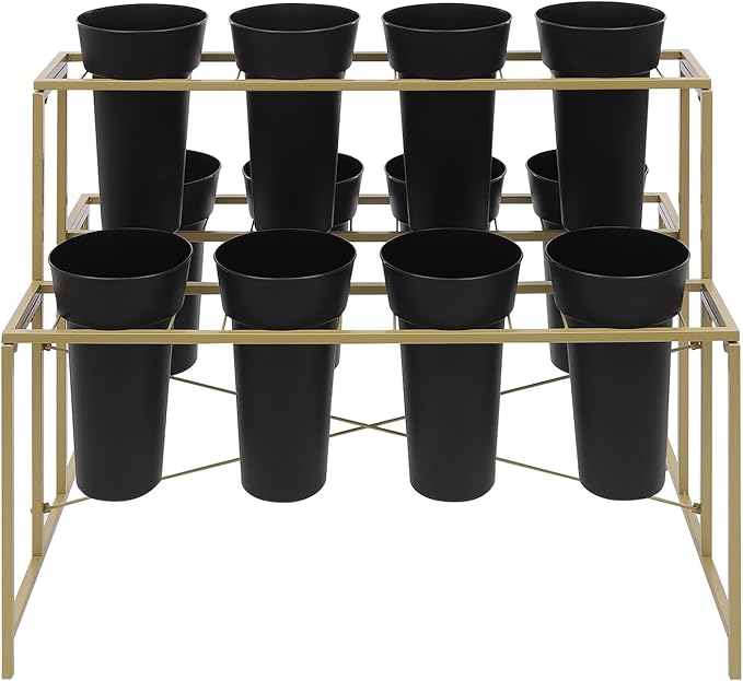 Flower Display Stand with 12 Pcs Buckets 3 Layers Metal Plant Stand Plant Cart Shelf Flower Bucket Rack Stand for Indoor Florist Garden Patio (Gold Stand-Black Round Buckets)