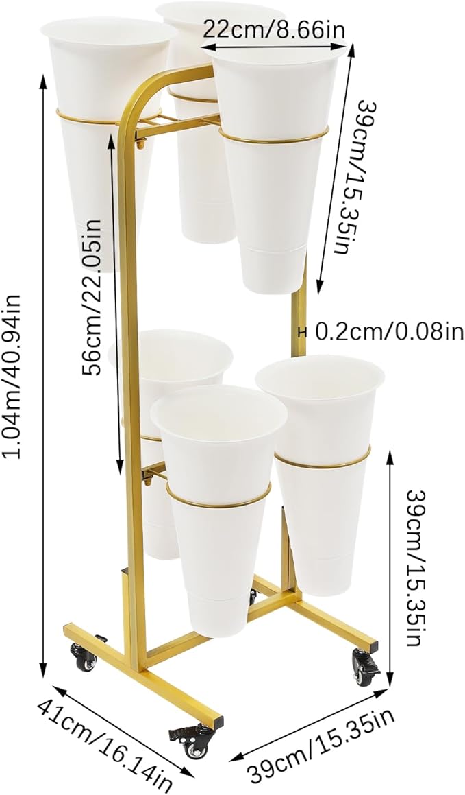 Flower Display Stand with 6 Buckets, Moving Plant Cart Shelf With Wheels and Bucket, Iron Florist Shelf, Indoor Outdoor Flower Rack for Home Patio Balcony (White)