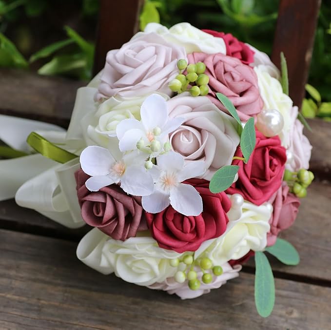 Lightweight Bridal Wedding Bouquet Round Holding Bouquet Throw Toss Artificial Rose Flower Bunch for Bride Bridesmaid Wedding Quinceanera (Cream, Smoky Rose, Light Taro & Burgundy, 6.7")