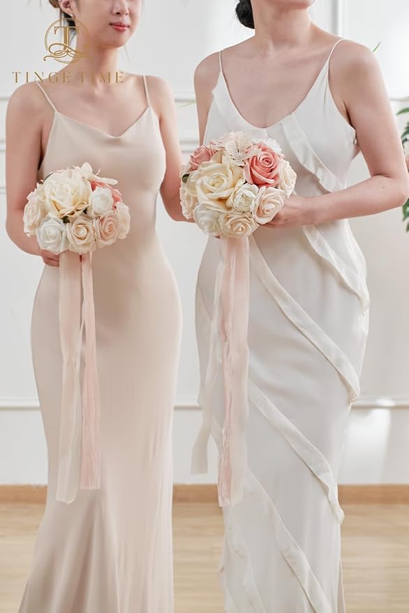 TINGE TIME Bridesmaid Bouquets for Wedding Set of 4 7 Inch Champange & Pink Wedding Bouquets Artificial Silk Flowers Bridal Bouquets for Bridesmaids, Wedding Decor, Anniversary, Party