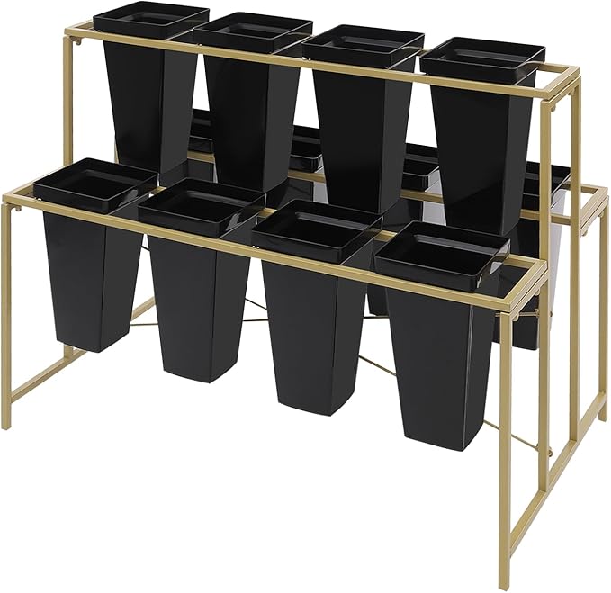 Flower Display Stand with 12 Pcs Buckets 3 Layers Metal Plant Stand Plant Cart Shelf Flower Bucket Rack Stand for Indoor Florist Garden Patio (Gold Stand-Black Square Buckets)