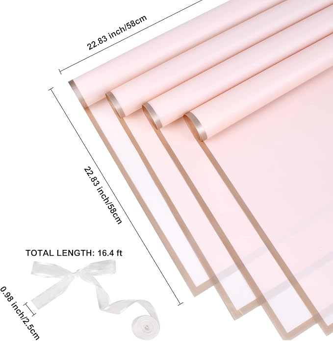 Kosotody 20 Sheets Flower Wrapping Paper Waterproof Florist Bouquet with Ribbon for Bouquets DIY Crafts Packaging Bouquet, 22.8x22.8 inch (Pink)