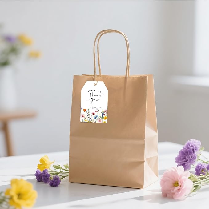 G2PLUS 50Pcs Wildflower Thank You Tags - Floral Gift Tags with String, Thank You for Celebrating with Us Tag, White Paper Party Favors Hangtag for Wedding, Baby Shower, Bridal Shower, Birthday