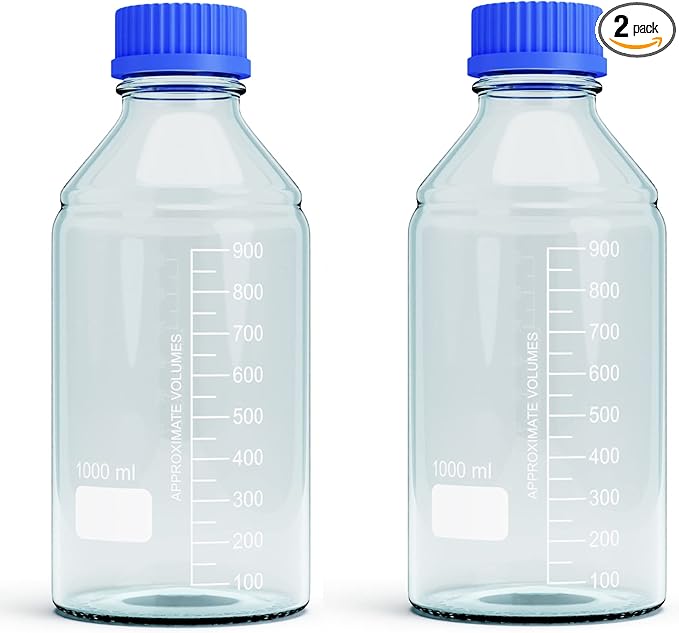 1000ml Storage Glass Bottles – 2pcs Round Media Storage Bottle – Borosilicate Glass Bottles – Safe Probe Storage Glass Storage Bottles with GL45 Blue Screw Cap (1000ml - 2pcs)