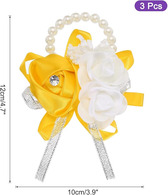 MECCANIXITY 3Pcs Wrist Corsage Artificial Flower Bracelets Rose Wrist Bride Groom Decorative for Wedding Ceremony Prom Party Anniversary Gold Tone