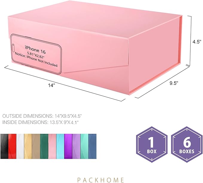 PACKHOME Large Gift Box with Lid 13.5x9x4.1 Inches, Sturdy Collapsible Gift Box with Magnetic Closure (Glossy Pink)