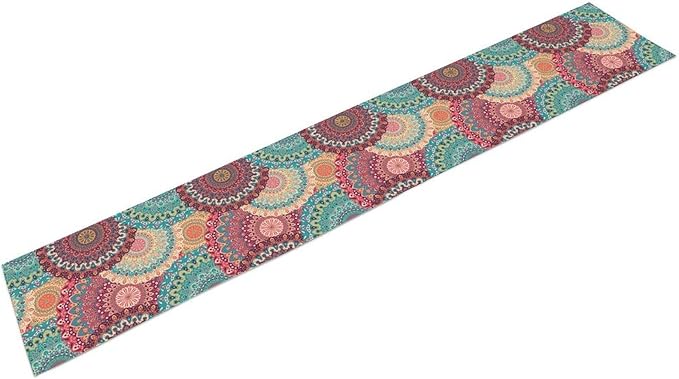 Bohemian Table Runner, Colorful Traditional Blue Pink Mandala Flower Table Runner for Kitchen Dining Cafe Party Decor, 13x120 Inch