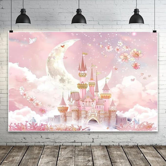 AOFOTO Castle Backdrop Princess Spring Pink Floral Moon Printed Fairy Tale Photography Background for Girl Birthday Baby Shower Party Banner Home Decor Wall Photo Studio Booth Props 7x5ft