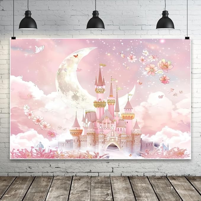 AOFOTO Castle Backdrop Princess Spring Pink Floral Moon Printed Fairy Tale Photography Background for Girl Birthday Baby Shower Party Banner Home Decor Wall Photo Studio Booth Props 10x6.5ft