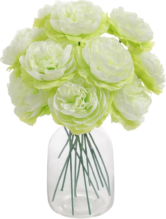 12 PCS Artificial Silk Green Peony Flowers with Stems - 8 Inch Fake Peony Bouquet for Wedding, Home Decor, Office Table, Festival Gifts