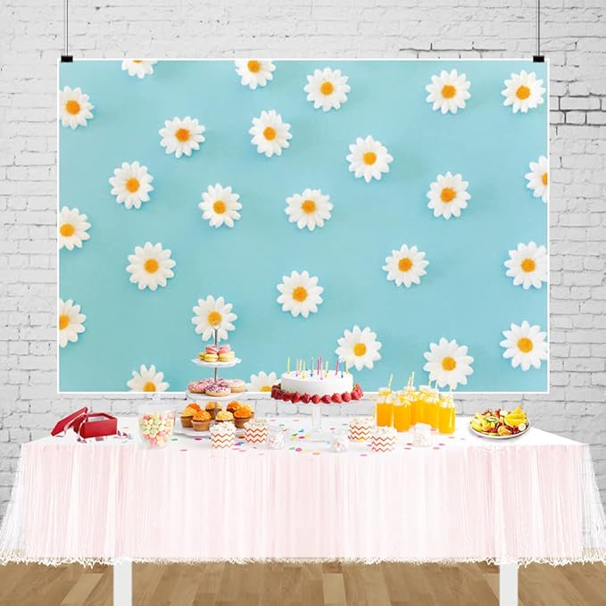 Laeacco Daisy Flower Backdrop for Photography White Floral Blue Photo Background Baby Shower Birthday Party Decorations Cake Table Banner Girls Children Portrait Photoshoot Studio Props 12x10ft Vinyl
