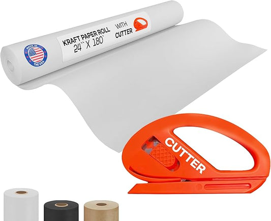 White Kraft Paper Roll 24" x 2160" (180 feet) with Cutter - USA-Made Quality Paper 50lb Thickness for Wrapping, Packing, Moving, Shipping, & Crafts/Arts - Natural Kraft Material by IDL Packaging