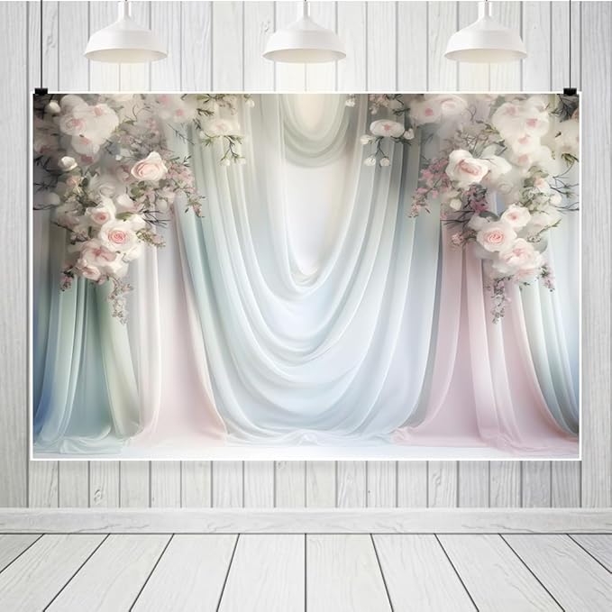Leowefowa Floral Backdrop for Wedding Decor Pink Rose Flower White Curtain Wall Photography Background for Baby Shower Wedding Anniversary Ceremony Party Decorations Banner Studio Props 15x8ft Vinyl