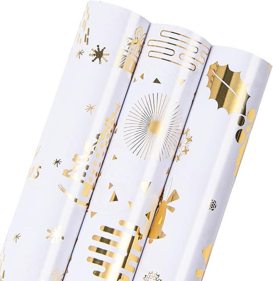 Linnoptimix Christmas Wrapping Paper Rolls -3 LARGE ROLL-27inch*78 inch per roll Colorful Foil White Gold wrapping paper(Christmas 3 White/Gold（002）)