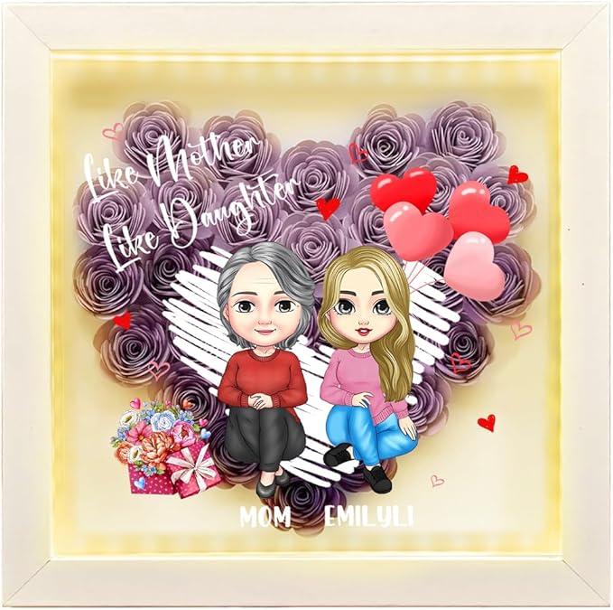Personalized Mom Flower Shadow Box with LED Light Custom Heart Shaped Rose Flower Shadow Box Frame Like Mother Like Daughter Mother's Day Portrait Shadowbox Memory Gifts for Mom from Daughter