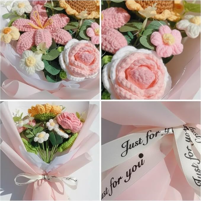Crochet Flower Bouquet Handmade Knitted Sunflower Tulip Rose Daisy
