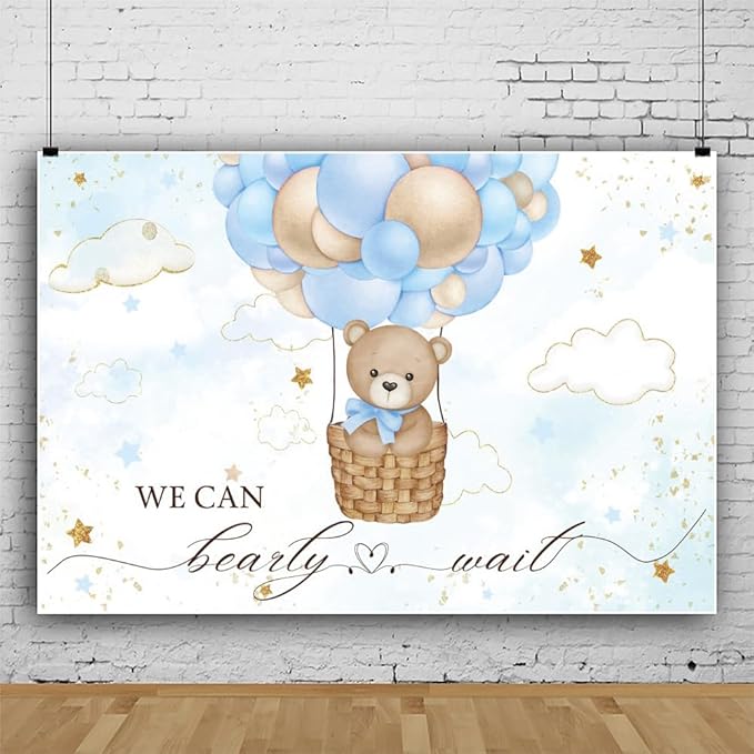 ChloropLastid We Can Bearly Wait Baby Backdrop Boy Bear Hot Air Balloon Baby Shower Photography Background Blue Balloons Clouds Stars Baby Party Cake Photo Decoration 12x8ft