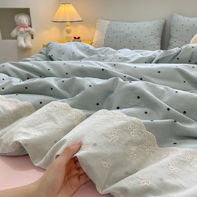 LifeTB Polka Dots Comforter Set King Aesthetic Princess Style Lace Comforter with 2 Pillowcases Fluffy Soft Cute Black Dots Bedding Set Lightweight Romantic Lace Design Reversible Bed Comforter Set