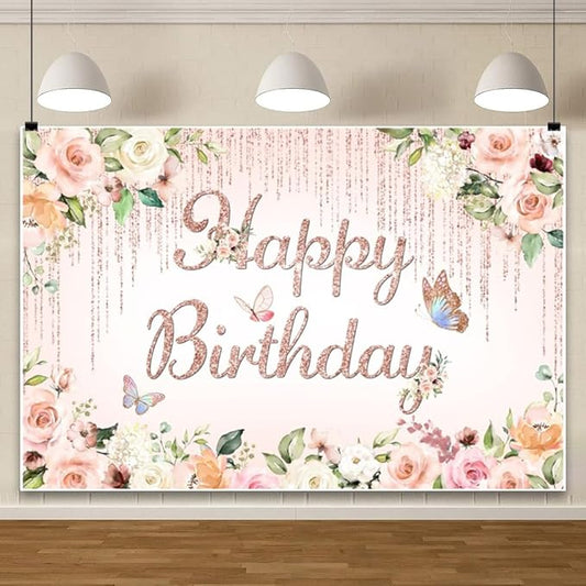 ChloropLastid 5x3ft Pink Floral Birthday Backdrop Rose Gold Glitter Flower Blossom Butterflies Happy Birthday Photography Background for Girls Princess Bday Party Decorations Banner Photo Props