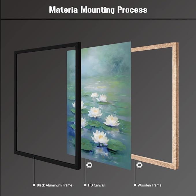 Zen wall art Delicate white lotus flower floating on calm water Vintage oil painting print Serene aquatic wall art creates a tranquil home decor 24x36in Metal blackFramed