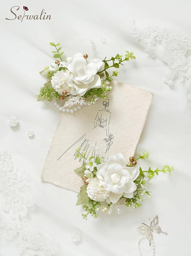 Serwalin Ivory White Wrist Corsage and Boutonniere Set 2pcs, 6-7inch Boutonniere for Men, Corsage Wristlet Wristband Prom Flower Wedding Flowers Accessories Prom Suit Decorations