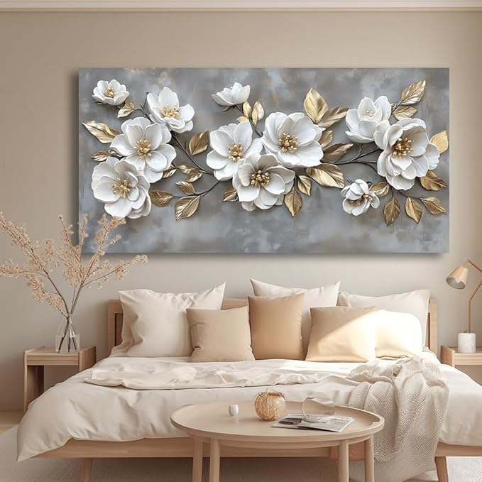 LAVIKARS Modern Gray Flowers Wall Art for Living Room Office White and Golden Floral Landscape Canvas Painting Prints Large Delicate Petals Artwork Kitchen Home Bedroom Decor (23x46 Inches)