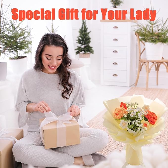 Handmade Crochet Rose Flower Bouquet: Artificial Knitted Rose Gift for Wife Mother Girlfriend for Festival Wedding Graduation Anniversary (Yellow)