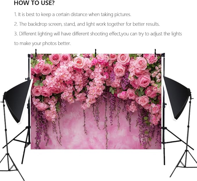 Pink Rose Flower Wall Backdrop for Birthday, Wedding, Bridal Shower, Valentine Day Party Decorations Pregnant Mother Portrait Photo Background (7x5ft)